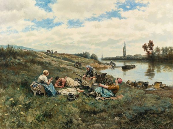 Main Product Photo of Apres Un Dejeuner; Bords De La Seine  Painting by Daniel Ridgway Knight