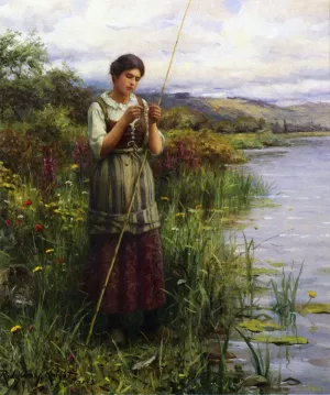 Baiting the Hook by Daniel Ridgway Knight - Oil Painting Reproduction