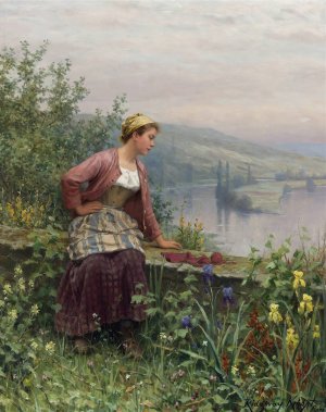 Brittany Girl Overlooking A Stream by Daniel Ridgway Knight Oil Painting