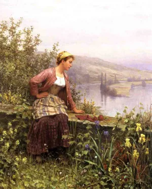 Brittany Girl Overlooking Stream painting by Daniel Ridgway Knight