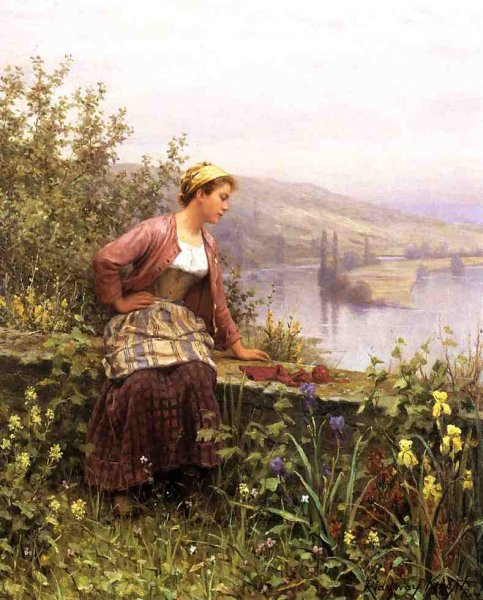 Main Product Photo of Brittany Girl Overlooking Stream Painting by Daniel Ridgway Knight