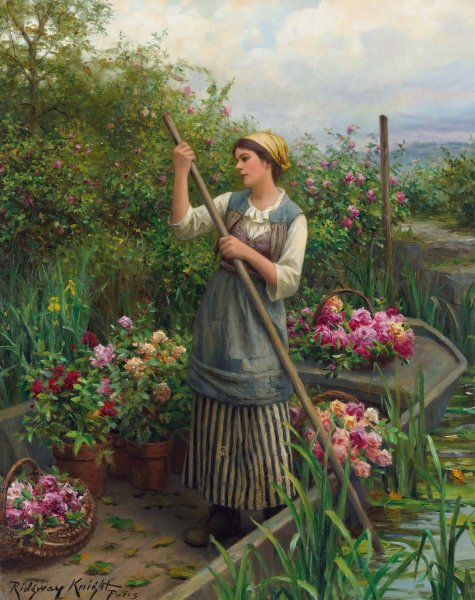 Main Product Photo of Gathering Flowers Along The River Painting by Daniel Ridgway Knight