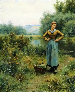 Girl in a Landscape by Daniel Ridgway Knight - Oil Painting Reproduction