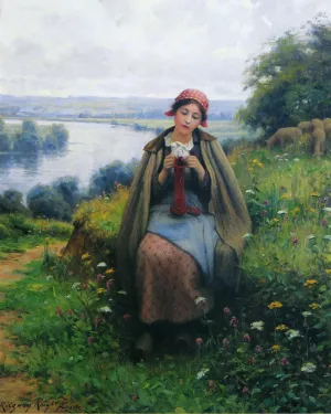 Girl Knitting by Daniel Ridgway Knight - Oil Painting Reproduction