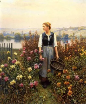 Girl with a Basket in a Garden by Daniel Ridgway Knight - Oil Painting Reproduction