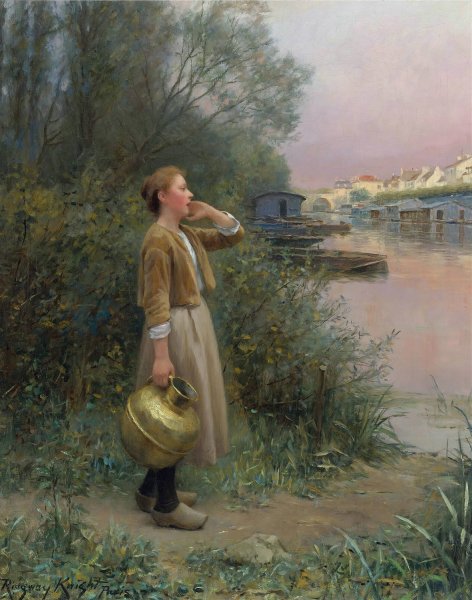 Main Product Photo of Girl With Water Jug Painting by Daniel Ridgway Knight