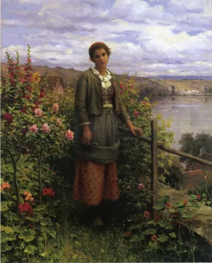 In Her Garden by Daniel Ridgway Knight - Oil Painting Reproduction