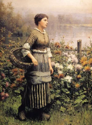 Maid Among the Flowers by Daniel Ridgway Knight - Oil Painting Reproduction