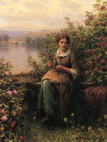 Main Product Photo of Mending Painting by Daniel Ridgway Knight