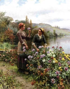 Peasant Girls in Flower Garden by Daniel Ridgway Knight - Oil Painting Reproduction