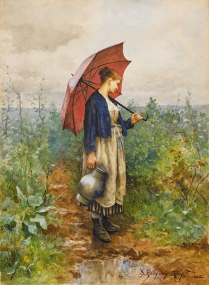 Portrait Of a Woman With Umbrella Gathering Water by Daniel Ridgway Knight Oil Painting