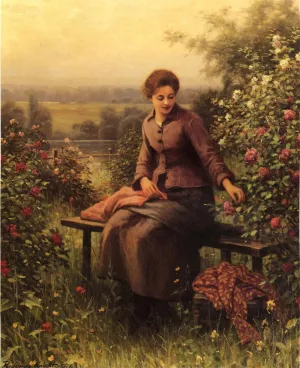 Seated Girl with Flowers by Daniel Ridgway Knight - Oil Painting Reproduction