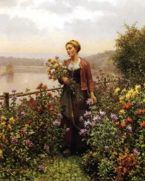 Woman in a Garden by Daniel Ridgway Knight - Oil Painting Reproduction