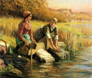 Women Washing Clothes by a Stream by Daniel Ridgway Knight - Oil Painting Reproduction