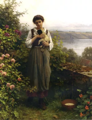 Young Girl Holding a Puppy by Daniel Ridgway Knight - Oil Painting Reproduction
