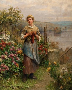 Young Woman Knitting by Daniel Ridgway Knight Oil Painting