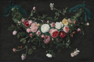 A garland of roses and ivy suspended by ribbons, with a cabbage white and a tortoiseshell butterfly by Daniel Seghers Oil Painting