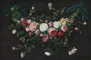 A garland of roses and ivy suspended by ribbons, with a cabbage white and a tortoiseshell butterfly by Daniel Seghers Oil Painting