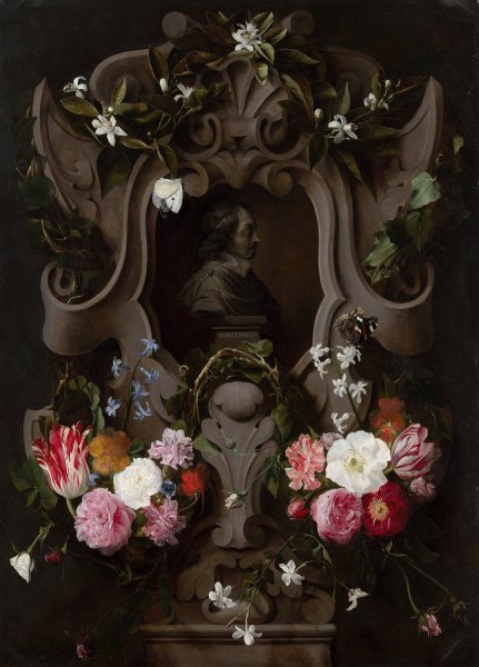 Bust of Constantijn Huygens Surrounded by a Garland of Flowers  by Daniel Seghers - Hand-Painted Oil Painting Reproduction