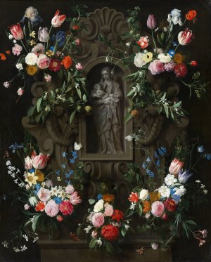 Garland of Flowers surrounding a Sculpture of the Virgin Mary by Daniel Seghers Oil Painting