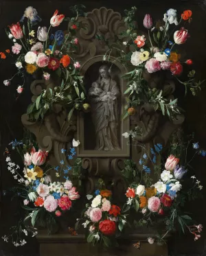Garland of Flowers surrounding a Sculpture of the Virgin Mary by Daniel Seghers Oil Painting