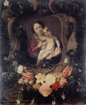 Vierge a l'enfant dans une couronne de fleurs by Daniel Seghers Oil Painting