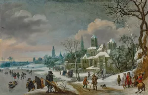 A winter townscape with figures skating on a frozen river by Daniel Van Heil Oil Painting