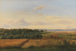 A Funen Landscape at Harvest Time with Wedellsborghoved in the Background by Dankvart Dreyer Oil Painting