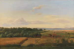 A Funen Landscape at Harvest Time with Wedellsborghoved in the Background by Dankvart Dreyer Oil Painting