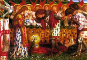 How Sir Galahad, Sir Bors, and Sir Percival were fed with the Sanc Grael; But Sir Percival's Sister Died by the Way by Dante Gabriel Rossetti Oil Painting