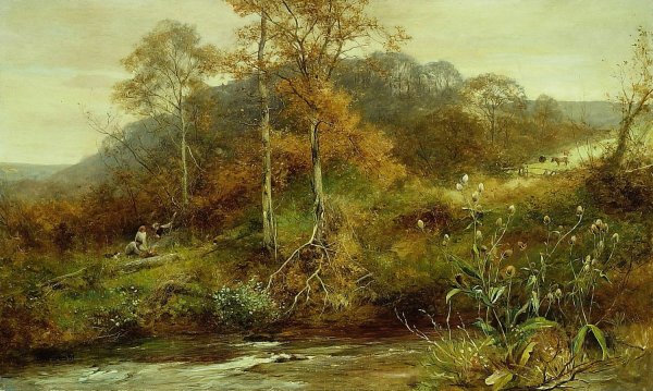 Autumn River Scene, The Brook  by David Bates - Hand-Painted Oil Painting Reproduction