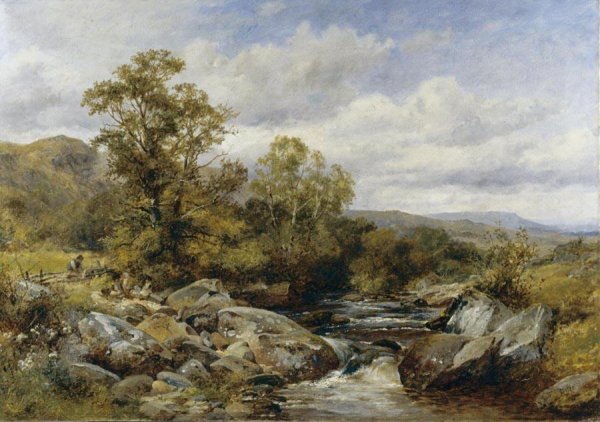 Children by a Stream by David Bates - Hand-Painted Oil Painting Reproduction