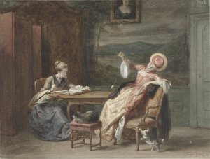 Twee jonge vrouwen aan een tafel by David Bles Oil Painting