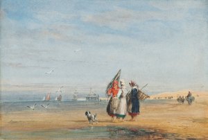 Calais beach with shrimpers and a dog by David Cox Oil Painting