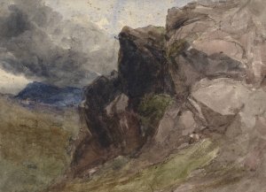 Rocky landscape in Wales with figure drawing in the foreground to the right by David Cox Oil Painting