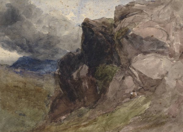 Main Product Photo of Rocky landscape in Wales with figure drawing in the foreground to the right  Painting by David Cox