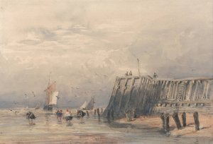 Sailing Barges and Shrimpers off a Pier by David Cox Oil Painting