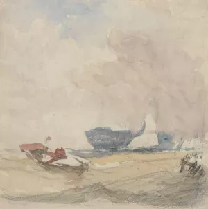 Sea Study with Hulk, Sailing Boat and Rowing Boat by David Cox Oil Painting