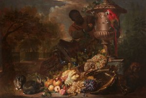 A Still Life of Fruit on a Silver Dish with Figure, Rabbits, Parrot, and Monkey Beneath a Broken Capital and an Ornamental Urn by David De Coninck Oil Painting