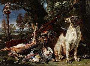 Dog, hunting trophies and an owl by David De Coninck Oil Painting