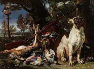 Dog, hunting trophies and an owl by David De Coninck Oil Painting