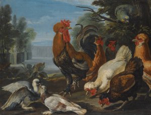 Ducks, Guinea Pigs And A Rabbit In A Wooded Landscape Beside A Lake by David De Coninck Oil Painting