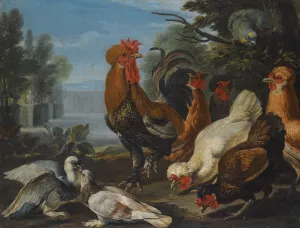 Ducks, Guinea Pigs And A Rabbit In A Wooded Landscape Beside A Lake by David De Coninck Oil Painting
