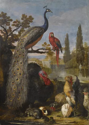 Een pauw, een papegaai, kalkoenen, hanen, konijnen en een cavia in een park by David De Coninck Oil Painting