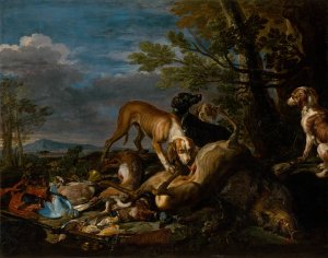 Hunting Still Life with Dogs by David De Coninck Oil Painting