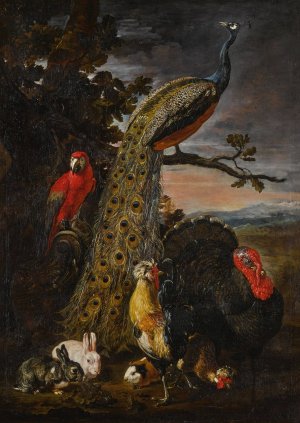 Landscape with a peacock, parrot, chicken, turkey, two rabbits and a guinea-pig by David De Coninck Oil Painting