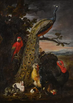 Landscape with a peacock, parrot, chicken, turkey, two rabbits and a guinea-pig by David De Coninck Oil Painting