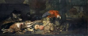 Still Life With Game And Fruits, Parrot, Rabbit And Cat by David De Coninck Oil Painting