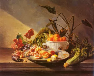 A Still Life With Fruit And Vegetables On A Table painting by David Emile Joseph De Noter
