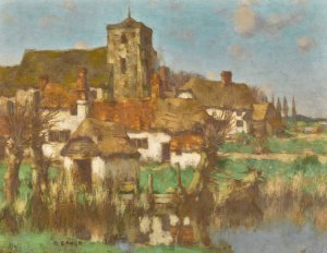Church and farm cottages by a river by David Gauld Oil Painting